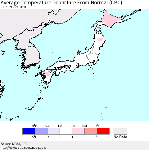Japan Average Temperature Departure from Normal (CPC) Thematic Map For 6/21/2021 - 6/27/2021