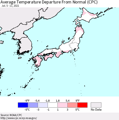 Japan Average Temperature Departure from Normal (CPC) Thematic Map For 7/5/2021 - 7/11/2021
