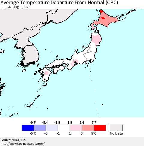 Japan Average Temperature Departure from Normal (CPC) Thematic Map For 7/26/2021 - 8/1/2021