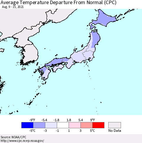Japan Average Temperature Departure from Normal (CPC) Thematic Map For 8/9/2021 - 8/15/2021