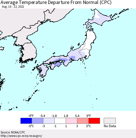 Japan Average Temperature Departure from Normal (CPC) Thematic Map For 8/16/2021 - 8/22/2021