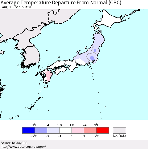 Japan Average Temperature Departure from Normal (CPC) Thematic Map For 8/30/2021 - 9/5/2021