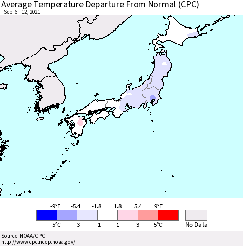 Japan Average Temperature Departure from Normal (CPC) Thematic Map For 9/6/2021 - 9/12/2021