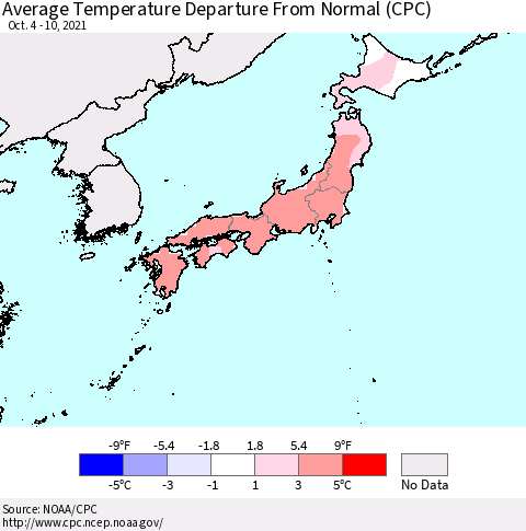 Japan Average Temperature Departure from Normal (CPC) Thematic Map For 10/4/2021 - 10/10/2021