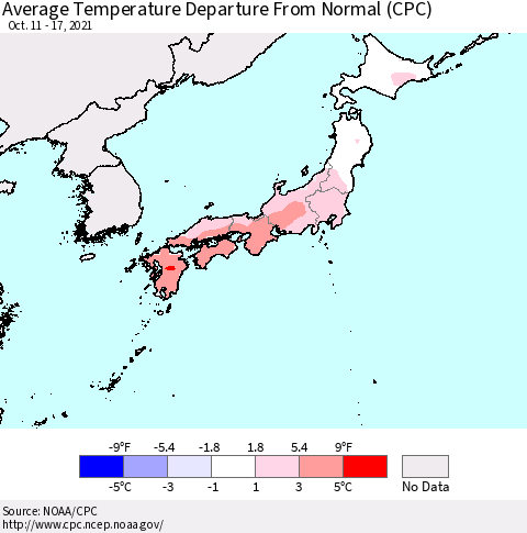Japan Average Temperature Departure from Normal (CPC) Thematic Map For 10/11/2021 - 10/17/2021