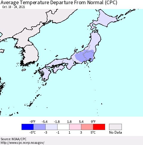 Japan Average Temperature Departure from Normal (CPC) Thematic Map For 10/18/2021 - 10/24/2021