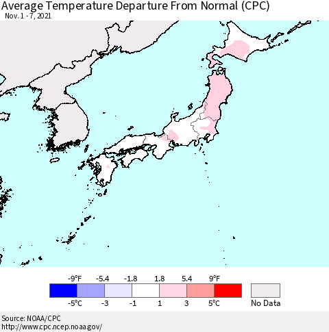 Japan Average Temperature Departure from Normal (CPC) Thematic Map For 11/1/2021 - 11/7/2021