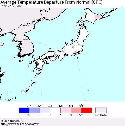 Japan Average Temperature Departure from Normal (CPC) Thematic Map For 11/22/2021 - 11/28/2021