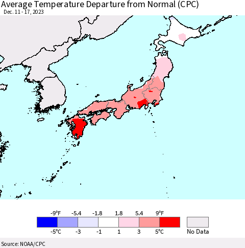 Japan Average Temperature Departure from Normal (CPC) Thematic Map For 12/11/2023 - 12/17/2023