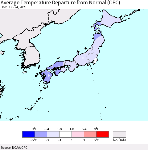 Japan Average Temperature Departure from Normal (CPC) Thematic Map For 12/18/2023 - 12/24/2023