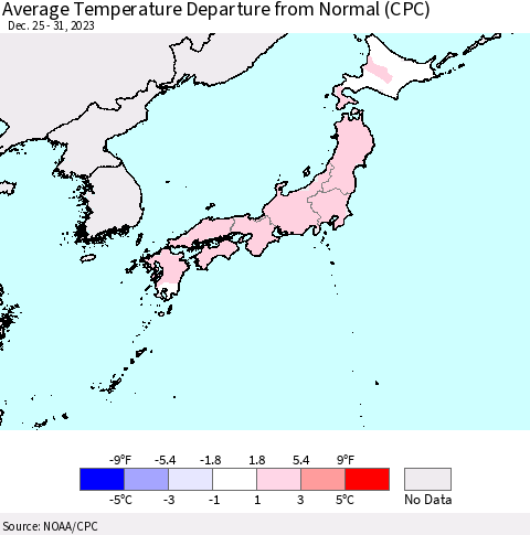 Japan Average Temperature Departure from Normal (CPC) Thematic Map For 12/25/2023 - 12/31/2023