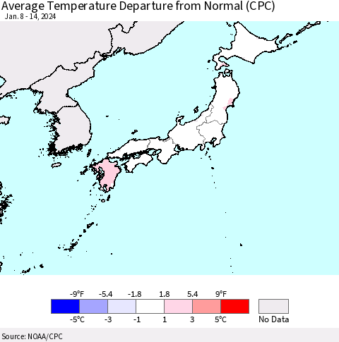 Japan Average Temperature Departure from Normal (CPC) Thematic Map For 1/8/2024 - 1/14/2024