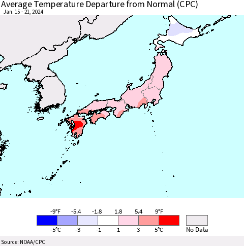 Japan Average Temperature Departure from Normal (CPC) Thematic Map For 1/15/2024 - 1/21/2024