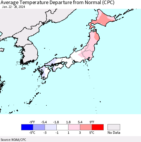 Japan Average Temperature Departure from Normal (CPC) Thematic Map For 1/22/2024 - 1/28/2024