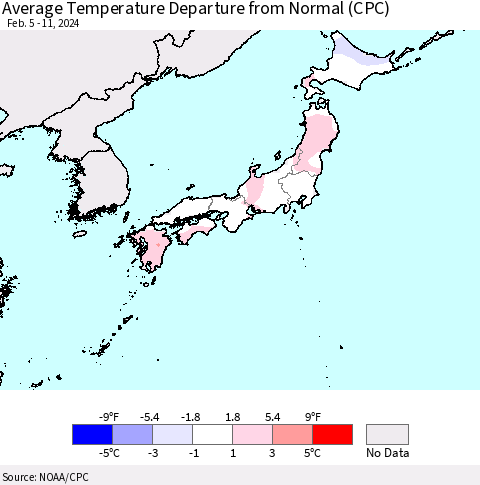 Japan Average Temperature Departure from Normal (CPC) Thematic Map For 2/5/2024 - 2/11/2024