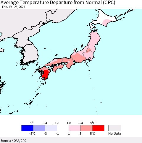 Japan Average Temperature Departure from Normal (CPC) Thematic Map For 2/19/2024 - 2/25/2024