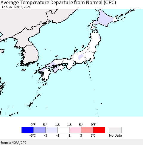 Japan Average Temperature Departure from Normal (CPC) Thematic Map For 2/26/2024 - 3/3/2024