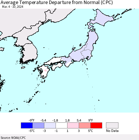Japan Average Temperature Departure from Normal (CPC) Thematic Map For 3/4/2024 - 3/10/2024