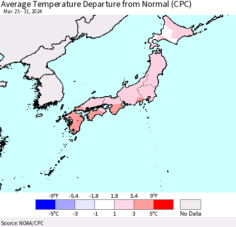 Japan Average Temperature Departure from Normal (CPC) Thematic Map For 3/25/2024 - 3/31/2024