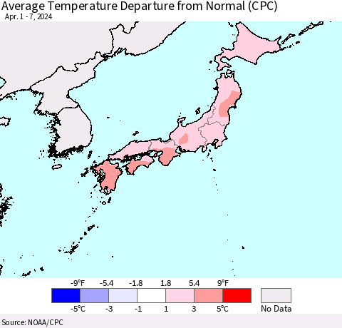 Japan Average Temperature Departure from Normal (CPC) Thematic Map For 4/1/2024 - 4/7/2024