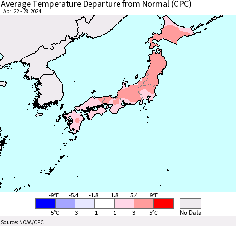 Japan Average Temperature Departure from Normal (CPC) Thematic Map For 4/22/2024 - 4/28/2024