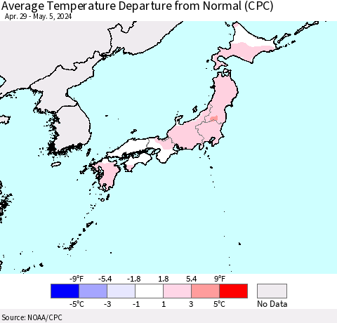 Japan Average Temperature Departure from Normal (CPC) Thematic Map For 4/29/2024 - 5/5/2024