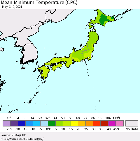Japan Mean Minimum Temperature (CPC) Thematic Map For 5/3/2021 - 5/9/2021
