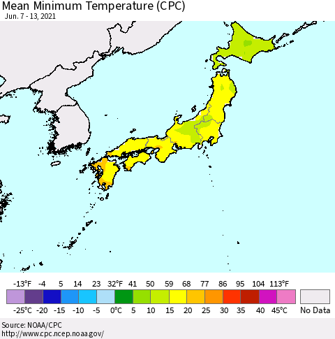 Japan Mean Minimum Temperature (CPC) Thematic Map For 6/7/2021 - 6/13/2021