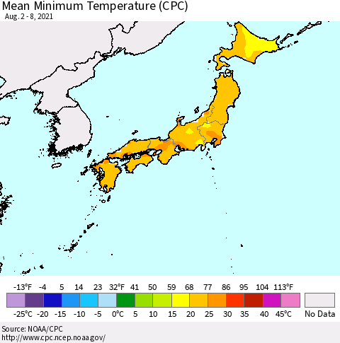 Japan Mean Minimum Temperature (CPC) Thematic Map For 8/2/2021 - 8/8/2021