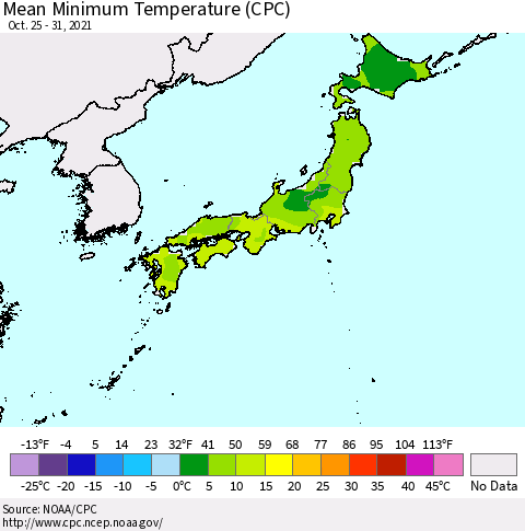 Japan Mean Minimum Temperature (CPC) Thematic Map For 10/25/2021 - 10/31/2021