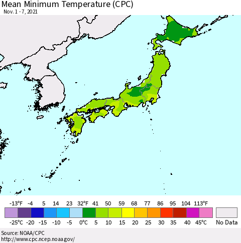 Japan Mean Minimum Temperature (CPC) Thematic Map For 11/1/2021 - 11/7/2021