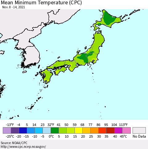 Japan Mean Minimum Temperature (CPC) Thematic Map For 11/8/2021 - 11/14/2021