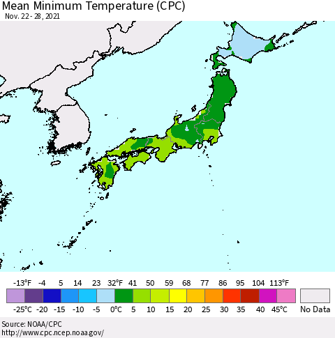 Japan Mean Minimum Temperature (CPC) Thematic Map For 11/22/2021 - 11/28/2021