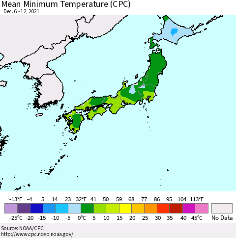 Japan Mean Minimum Temperature (CPC) Thematic Map For 12/6/2021 - 12/12/2021