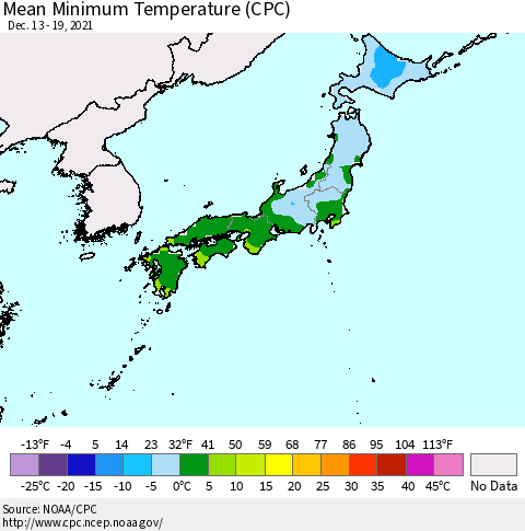 Japan Mean Minimum Temperature (CPC) Thematic Map For 12/13/2021 - 12/19/2021