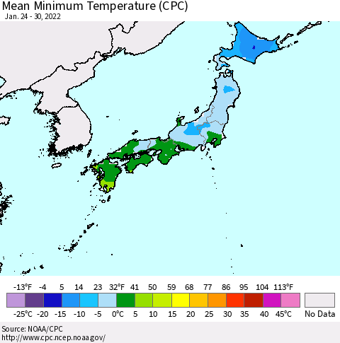 Japan Mean Minimum Temperature (CPC) Thematic Map For 1/24/2022 - 1/30/2022