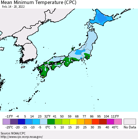 Japan Mean Minimum Temperature (CPC) Thematic Map For 2/14/2022 - 2/20/2022