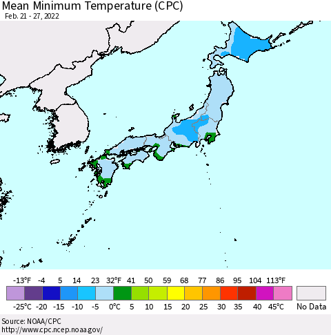 Japan Mean Minimum Temperature (CPC) Thematic Map For 2/21/2022 - 2/27/2022