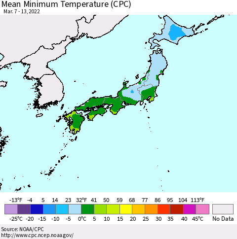 Japan Mean Minimum Temperature (CPC) Thematic Map For 3/7/2022 - 3/13/2022