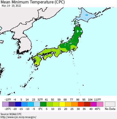 Japan Mean Minimum Temperature (CPC) Thematic Map For 3/14/2022 - 3/20/2022