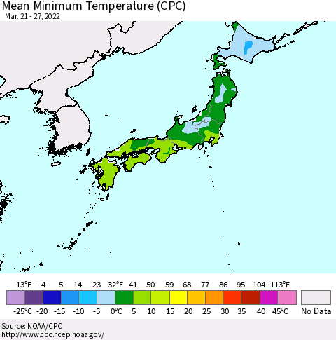 Japan Mean Minimum Temperature (CPC) Thematic Map For 3/21/2022 - 3/27/2022