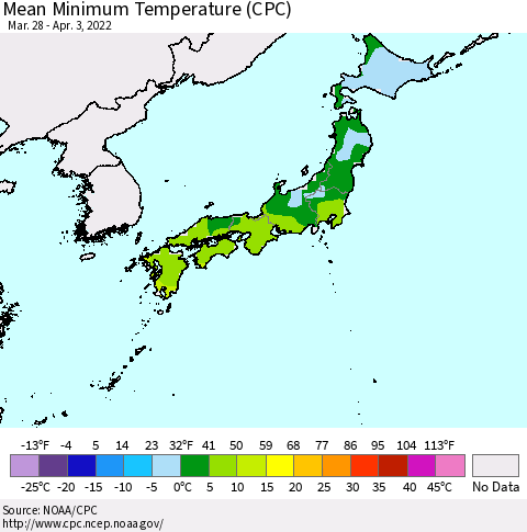 Japan Mean Minimum Temperature (CPC) Thematic Map For 3/28/2022 - 4/3/2022