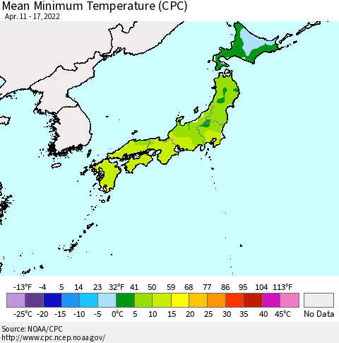 Japan Mean Minimum Temperature (CPC) Thematic Map For 4/11/2022 - 4/17/2022