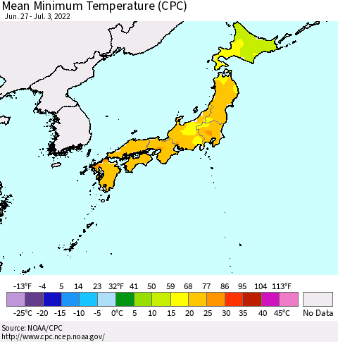 Japan Mean Minimum Temperature (CPC) Thematic Map For 6/27/2022 - 7/3/2022