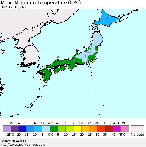 Japan Mean Minimum Temperature (CPC) Thematic Map For 12/12/2022 - 12/18/2022