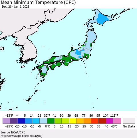 Japan Mean Minimum Temperature (CPC) Thematic Map For 12/26/2022 - 1/1/2023