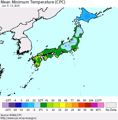 Japan Mean Minimum Temperature (CPC) Thematic Map For 1/9/2023 - 1/15/2023