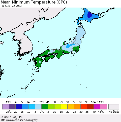 Japan Mean Minimum Temperature (CPC) Thematic Map For 1/16/2023 - 1/22/2023