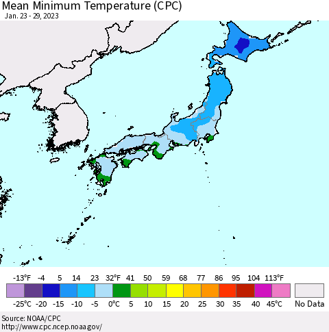 Japan Mean Minimum Temperature (CPC) Thematic Map For 1/23/2023 - 1/29/2023