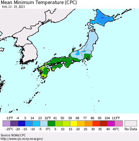 Japan Mean Minimum Temperature (CPC) Thematic Map For 2/13/2023 - 2/19/2023